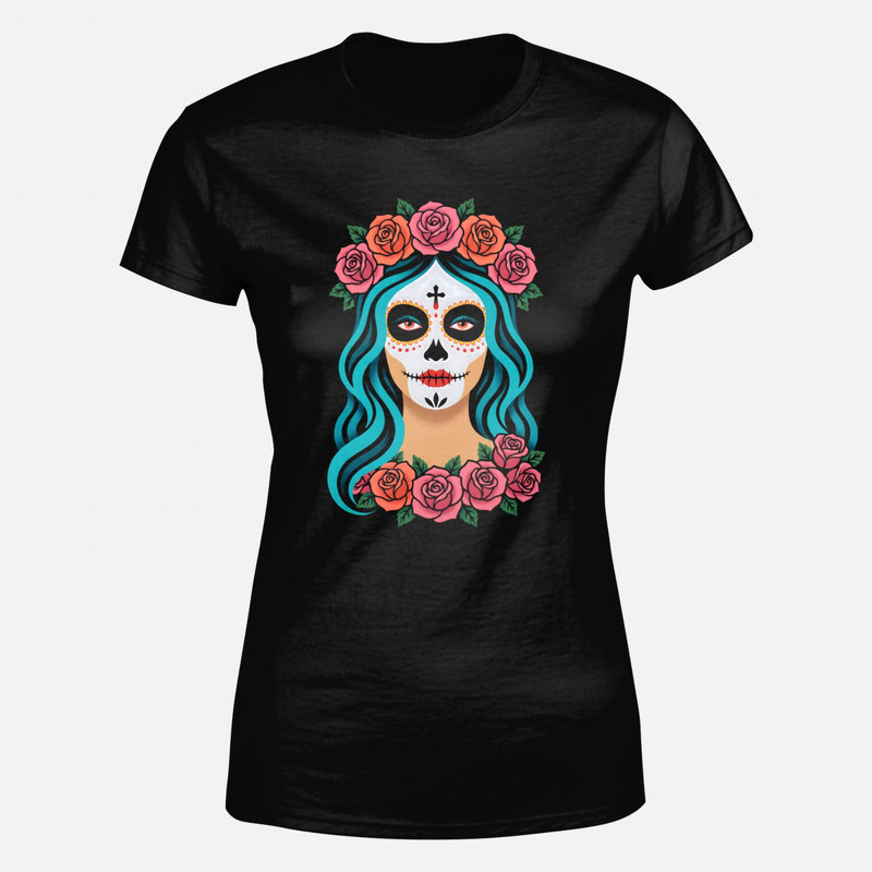 T-shirts: Mexican Catrina with Roses Tattoo