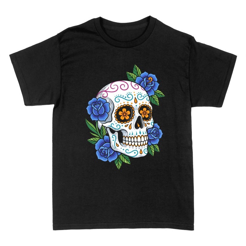 T-shirts: Sugar Skull with Blue Roses