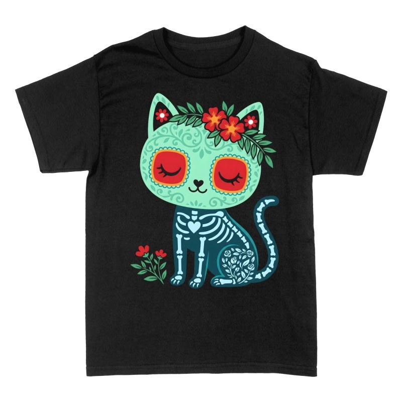 T-shirts: Floral Sugar Skull Skeleton Cat