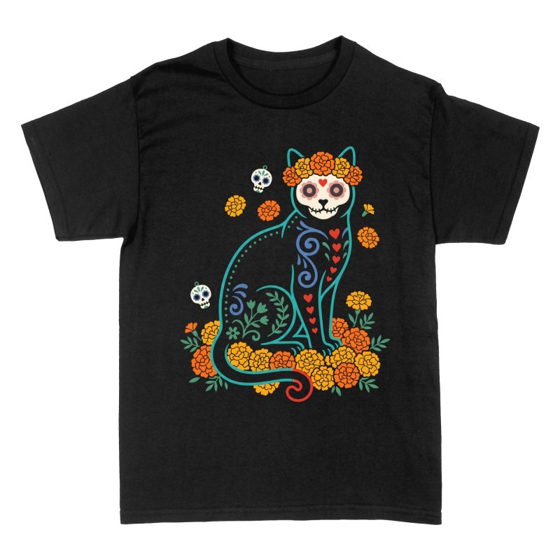T-shirts: Black Cat Sugar Skull & Marigolds