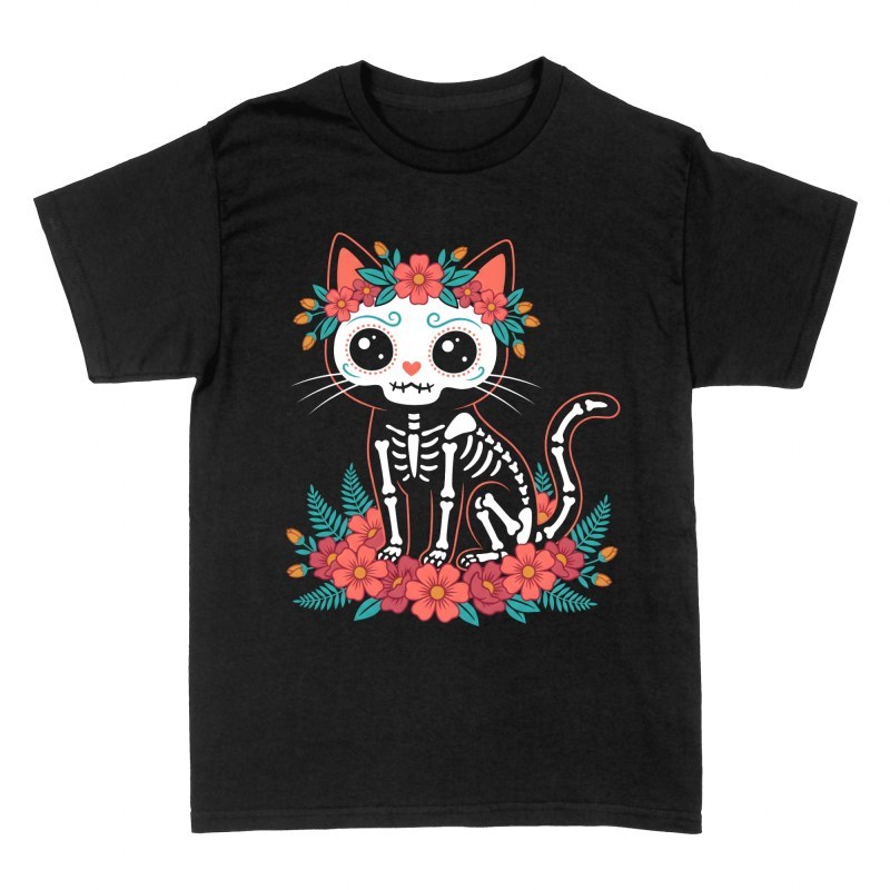 T-shirts: Day of the Dead Sugar Skull Skeleton Cat