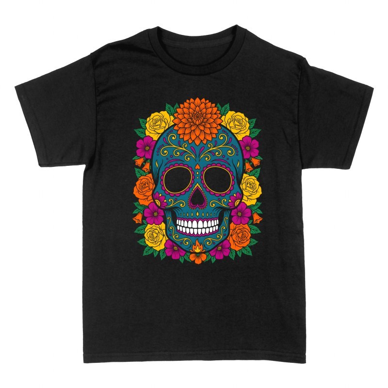 T-shirts: Blue Floral Sugar Skull