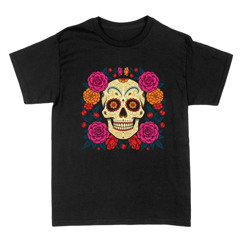 T-shirts: Floral Frame Mexican Sugar Skull