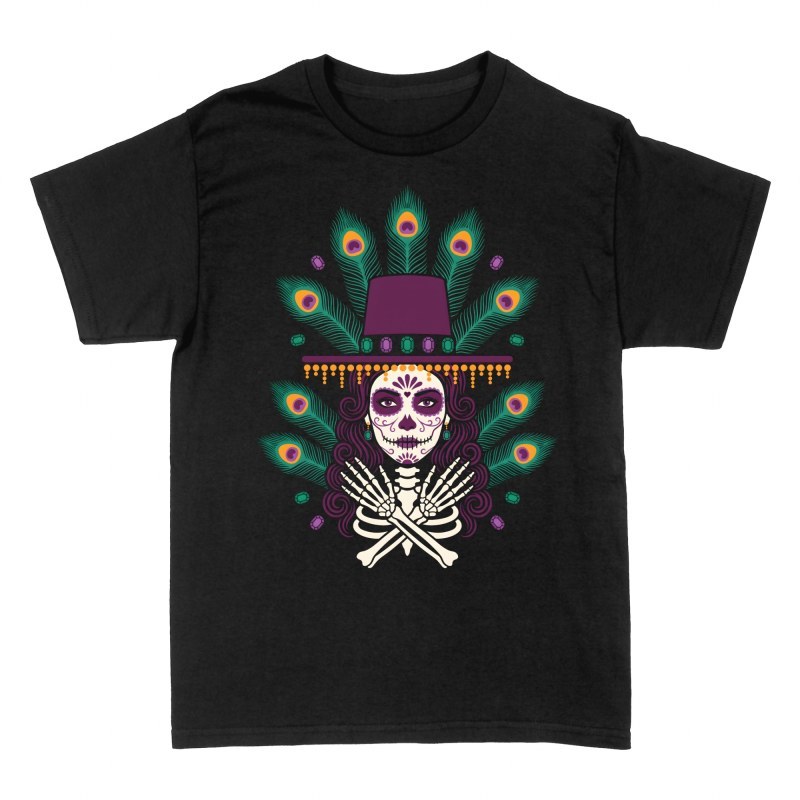 T-shirts: Mexican Catrina with Peacock Feathers