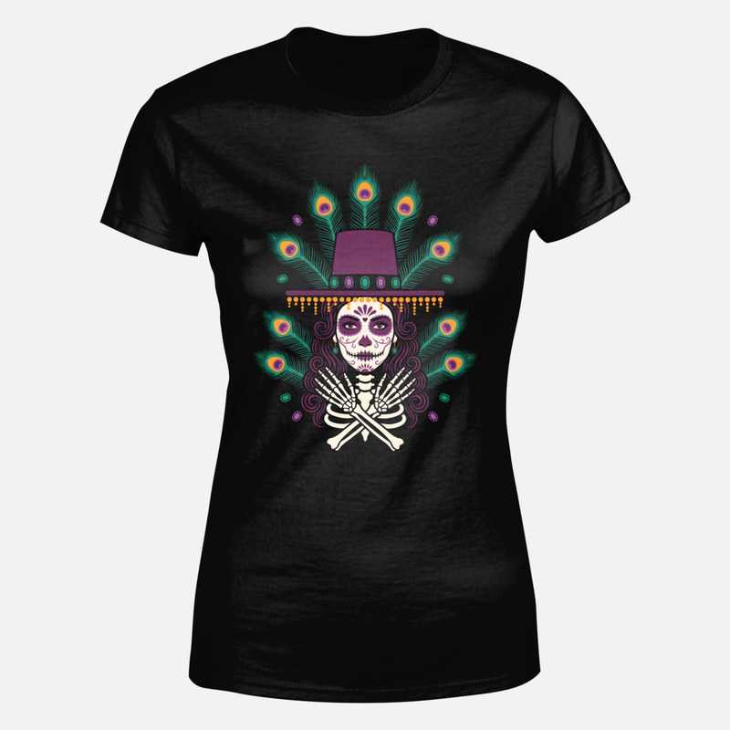 T-shirts: Mexican Catrina with Peacock Feathers