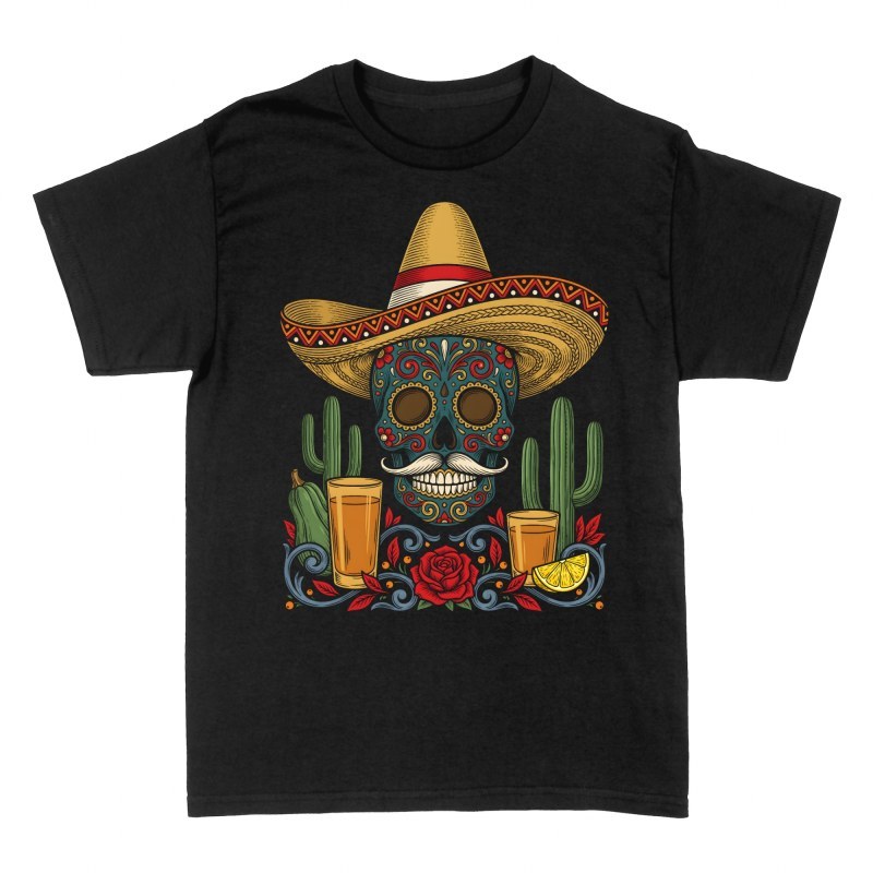 T-shirts: Sombrero Sugar Skull with Tequila