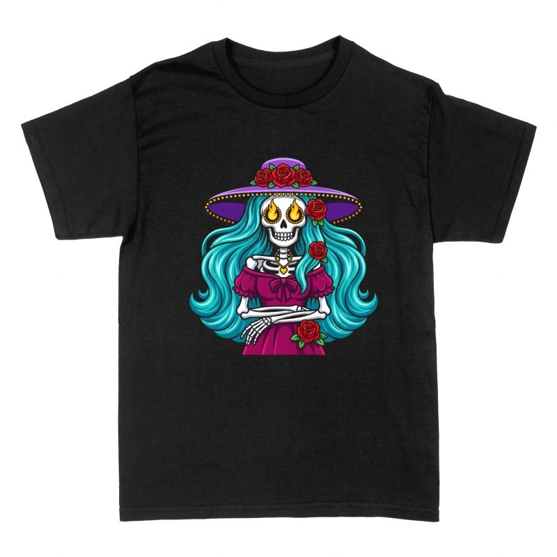 T-shirts: Fiery Eyes Catrina with Roses
