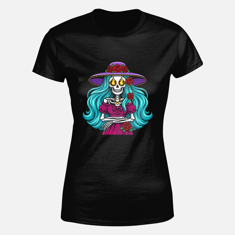 T-shirts: Fiery Eyes Catrina with Roses