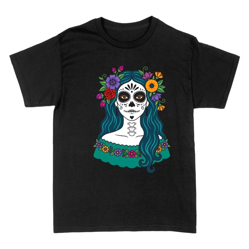 T-shirts: Blue Hair Mexican Catrina Floral Skull