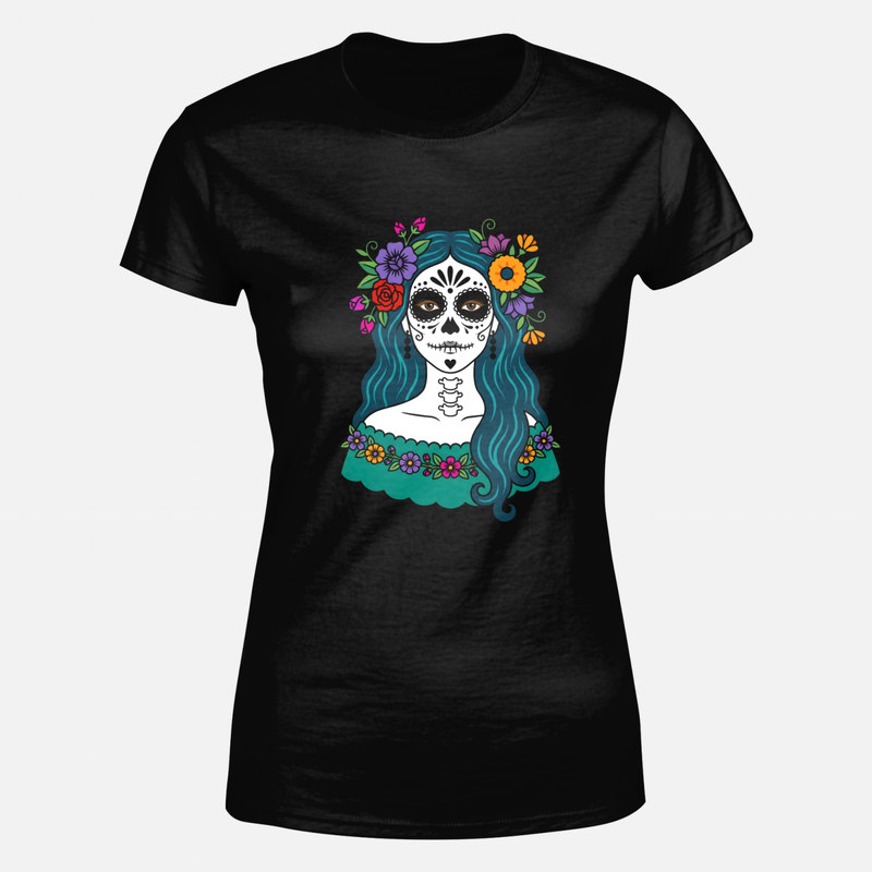 T-shirts: Blue Hair Mexican Catrina Floral Skull