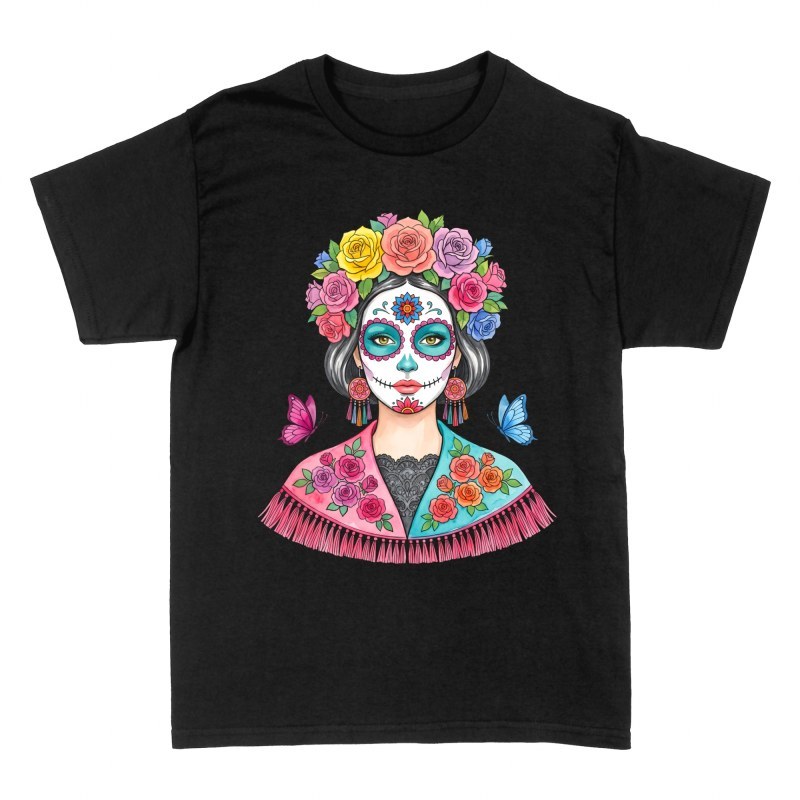 T-shirts: Catrina with Floral Crown and Butterflies