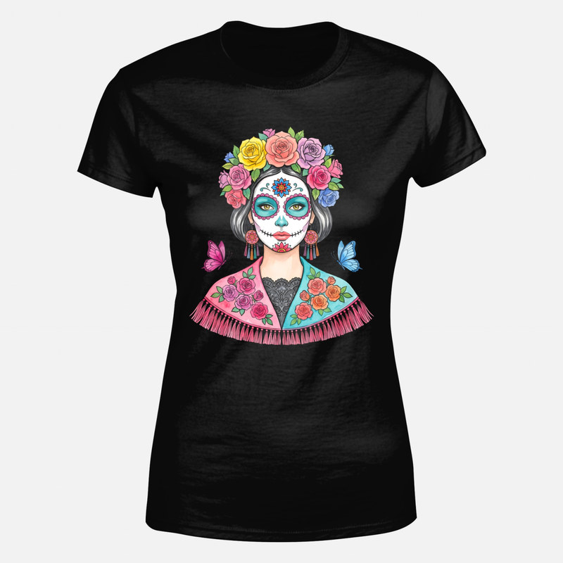 T-shirts: Catrina with Floral Crown and Butterflies