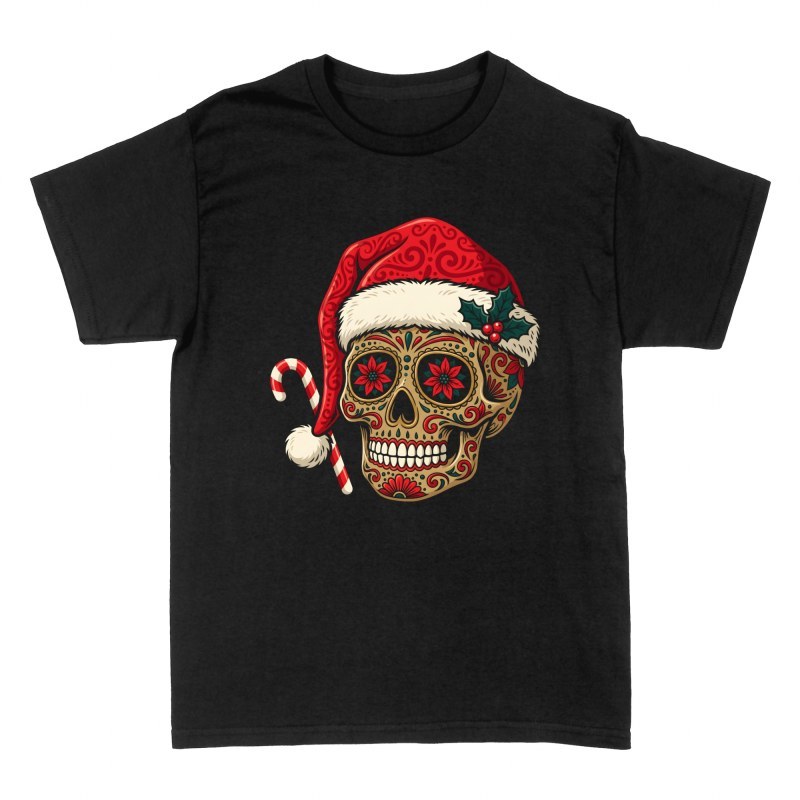 T-shirts: Christmas Sugar Skull with Santa Hat
