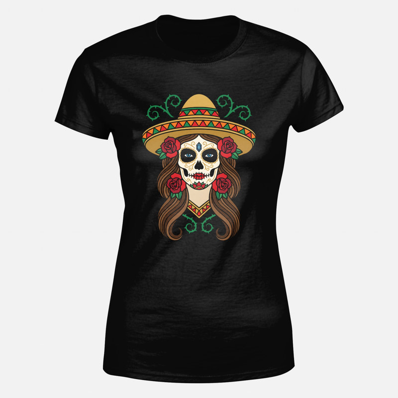 T-shirts: Mexican Catrina with Sombrero and Roses