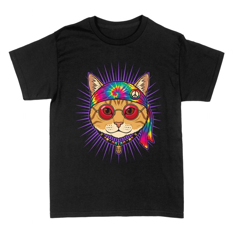 T-shirts: Psychedelic Hippie Cat with Peace Bandana