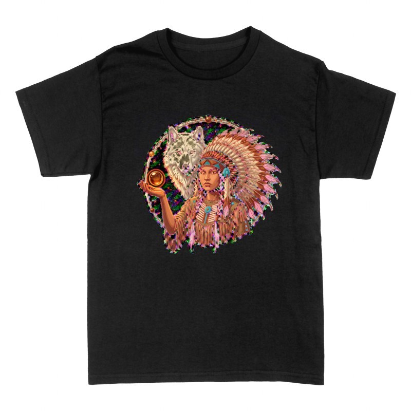 T-shirts: Native Shaman Woman with Spirit Wolf