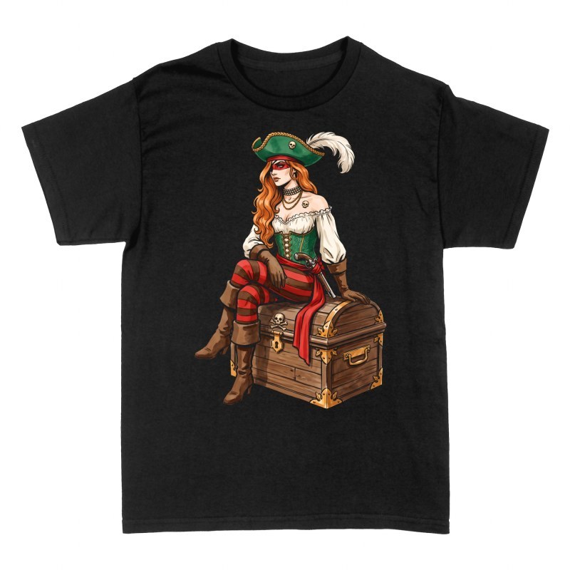 T-shirts: Redhead Pirate Woman on Treasure Chest