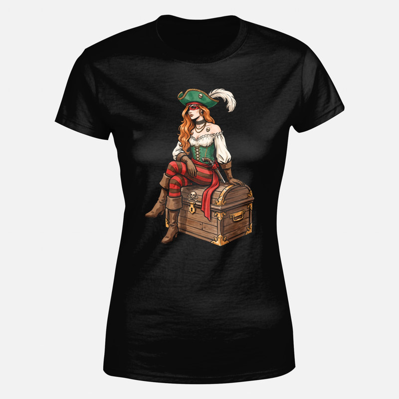 T-shirts: Redhead Pirate Woman on Treasure Chest