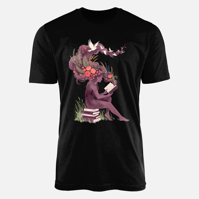 T-shirts: Woman Reading with Botanical Flowers &amp; Birds