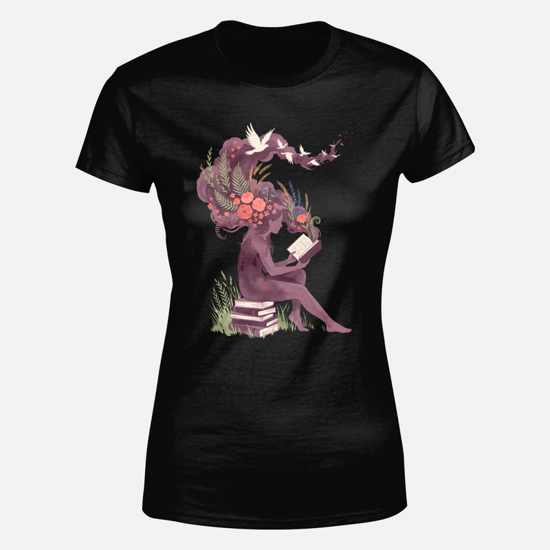 T-shirts: Woman Reading with Botanical Flowers & Birds