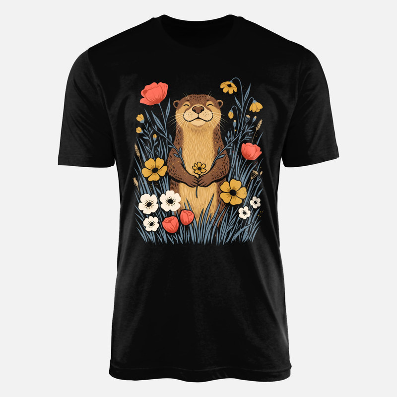 T-shirts: Happy Otter with Flower in Wildflower Field