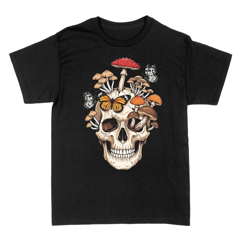 T-shirts: Skull with Wild Mushrooms and Butterflies