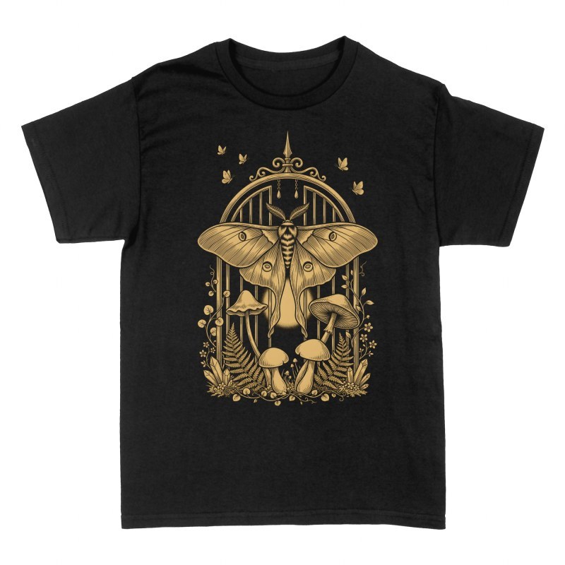 T-shirts: Vintage Moon Moth and Mushrooms Engraving