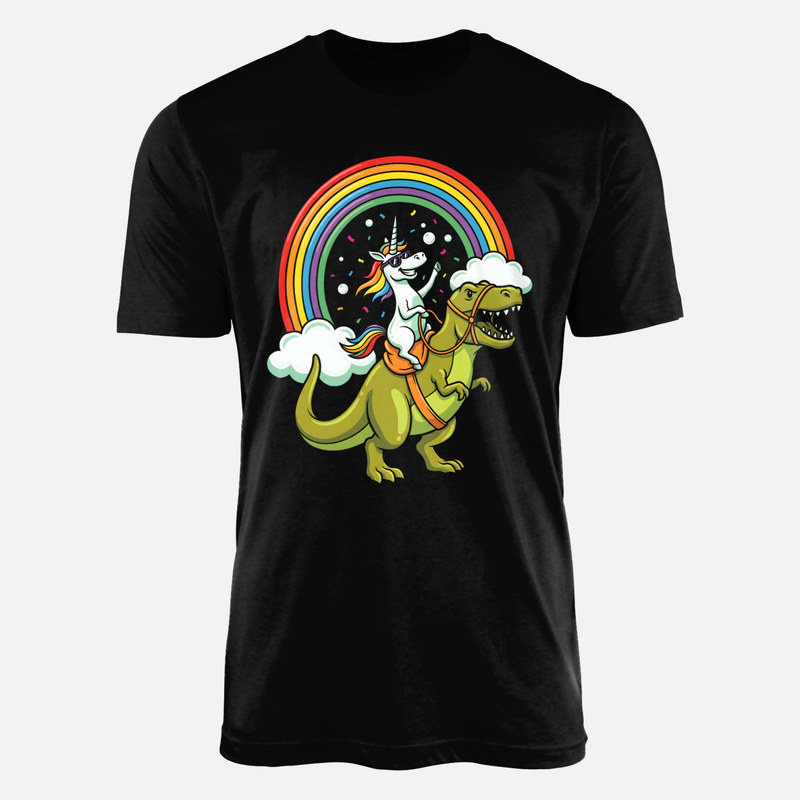 T-shirts: Unicorn Riding Dinosaur with Rainbow