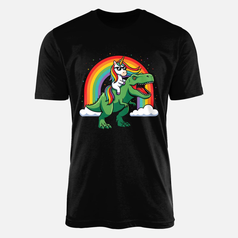T-shirts: Unicorn Riding T-Rex under Rainbow