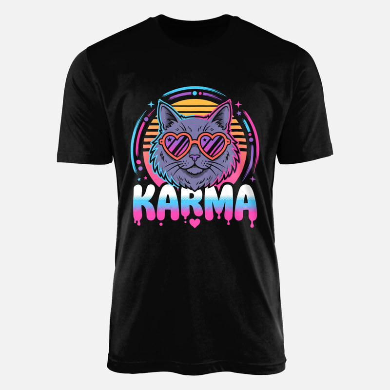 T-shirts: Karma Retro Synthwave Cat with Heart Glasses