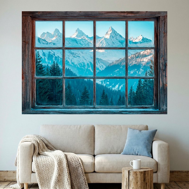 Wall Stickers: Wooden Window Snowy Mountains