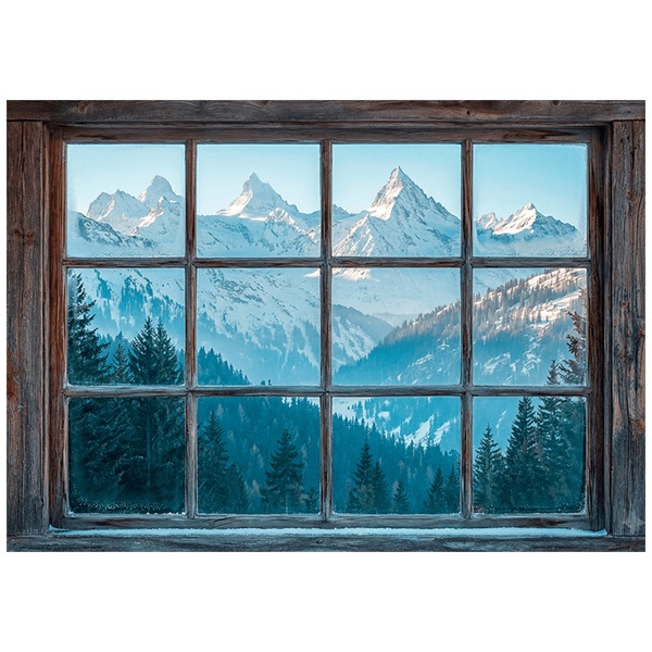 Wall Stickers: Wooden Window Snowy Mountains