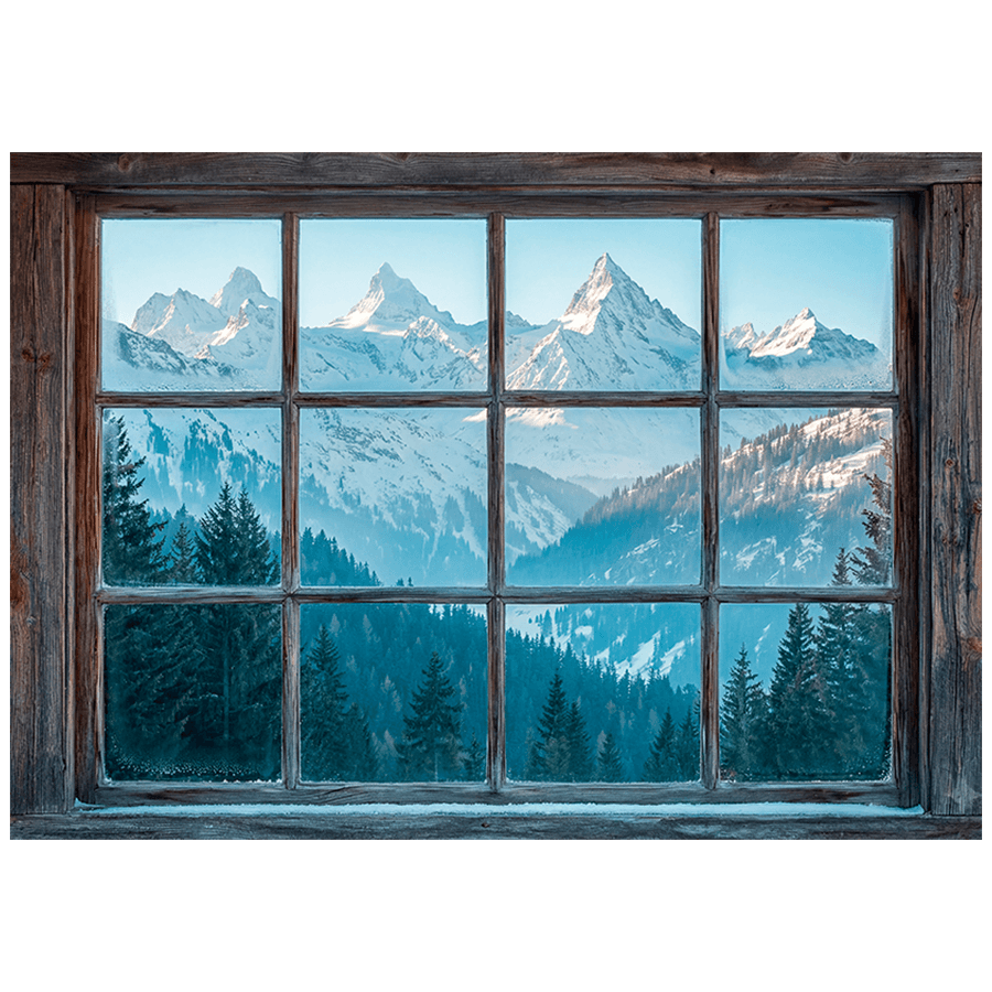 Wall Stickers: Wooden Window Snowy Mountains