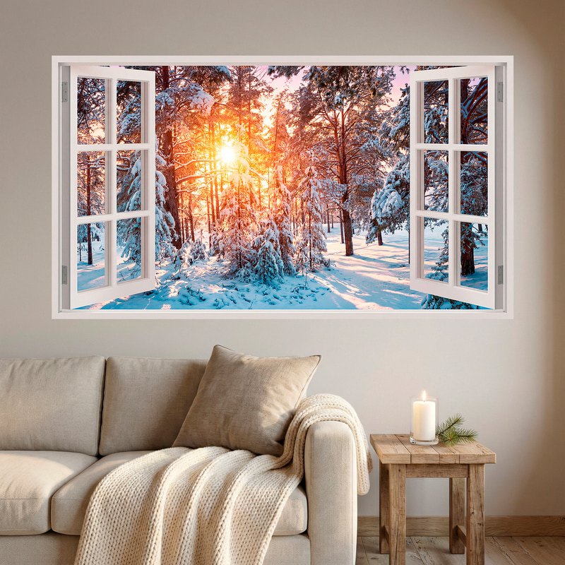 Wall Stickers: Snowy Forest Sunset Window