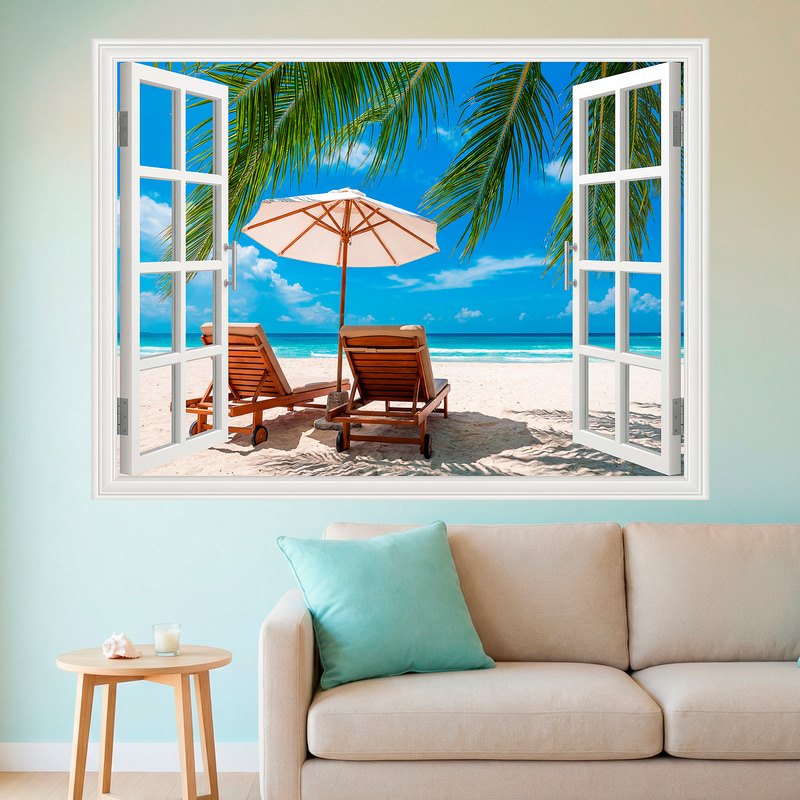 Wall Stickers: Tropical Beach Window with Sun Lounger