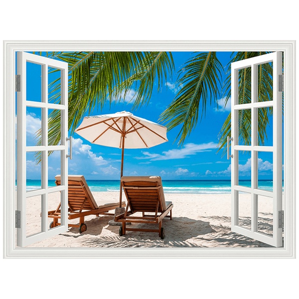 Wall Stickers: Tropical Beach Window with Sun Lounger