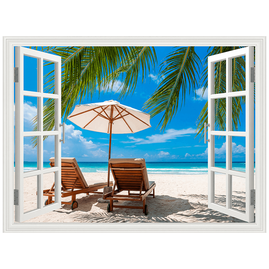 Wall Stickers: Tropical Beach Window with Sun Lounger