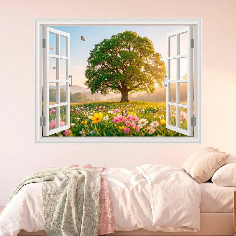 Wall Stickers: Window with Tree and Flower Meadow