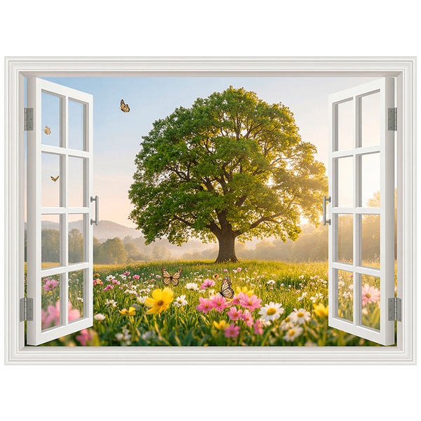 Wall Stickers: Window with Tree and Flower Meadow