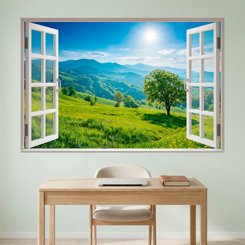 Wall Stickers: Window with Green Mountain Landscape