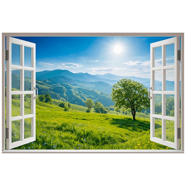 Wall Stickers: Window with Green Mountain Landscape