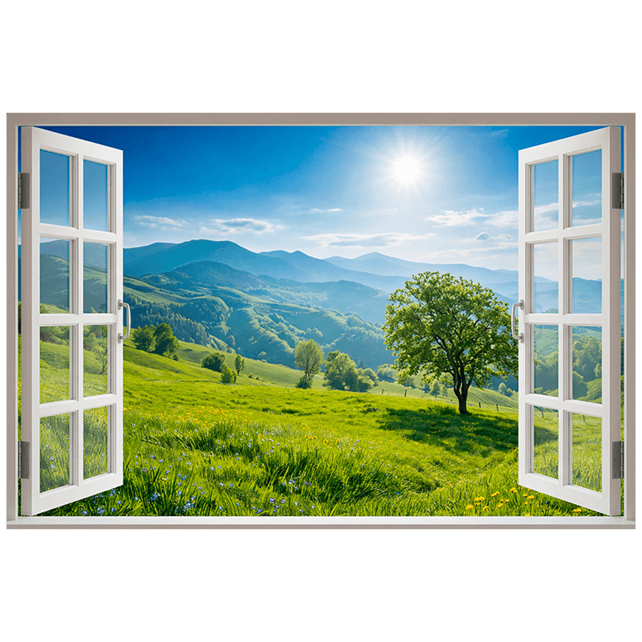 Wall Stickers: Window with Green Mountain Landscape