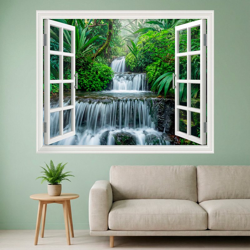 Wall Stickers: Window Tropical Jungle Waterfall