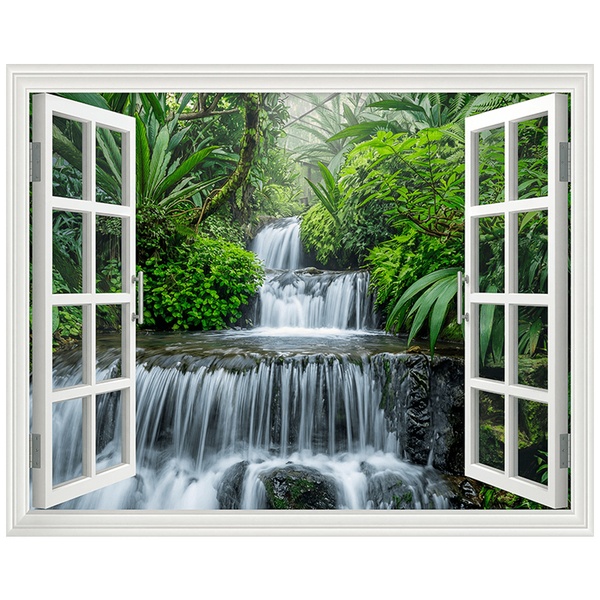 Wall Stickers: Window Tropical Jungle Waterfall
