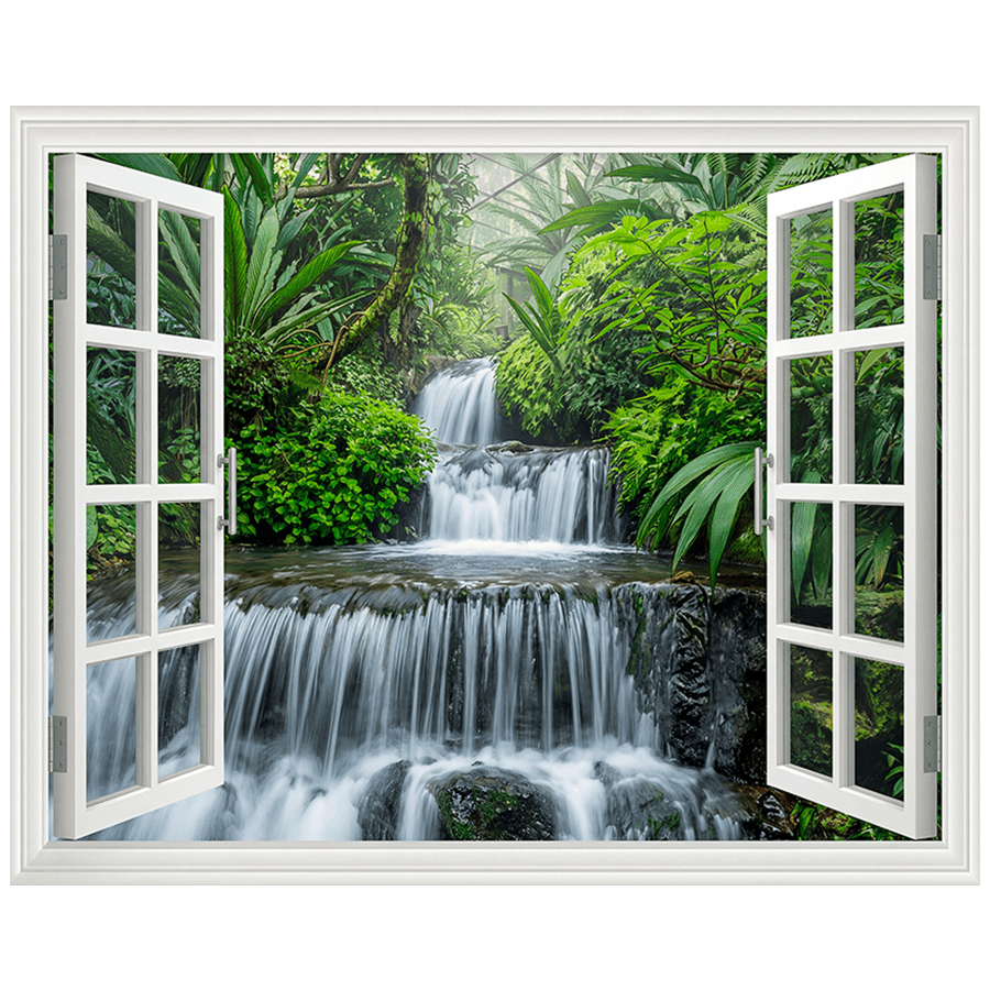 Wall Stickers: Window Tropical Jungle Waterfall