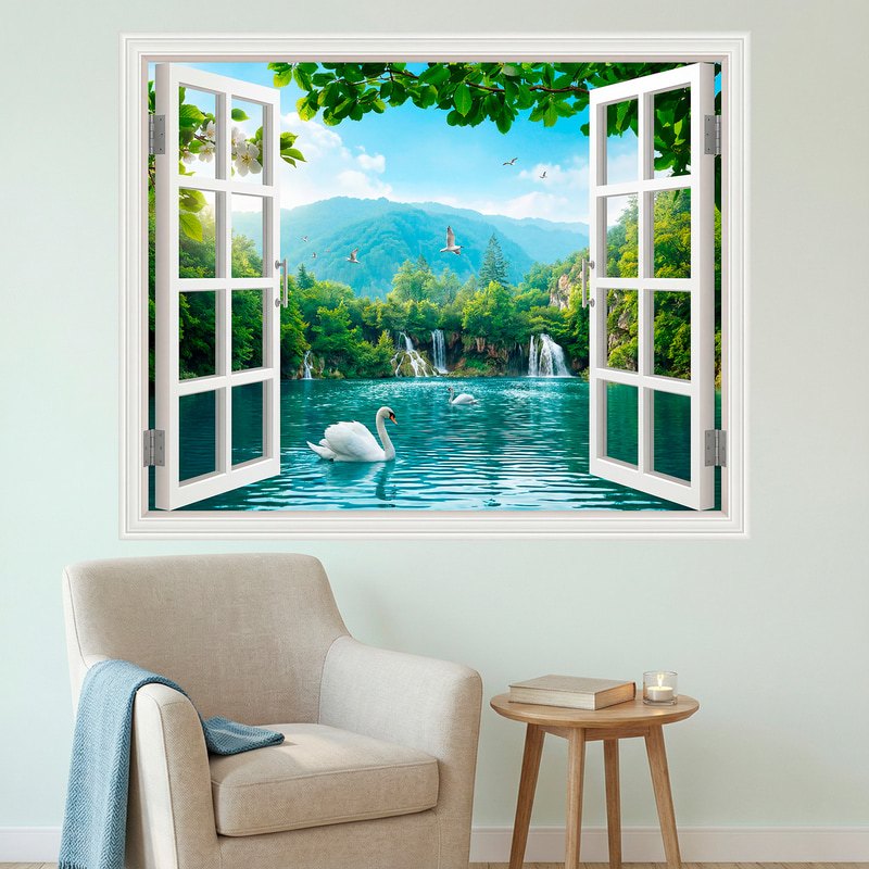 Wall Stickers: Window Lake with Swans and Waterfalls