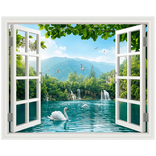 Wall Stickers: Window Lake with Swans and Waterfalls