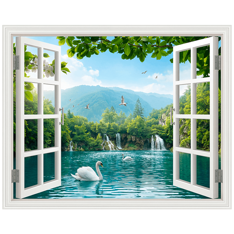 Wall Stickers: Window Lake with Swans and Waterfalls