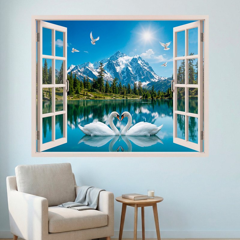 Wall Stickers: Alpine Lake Window with Swans