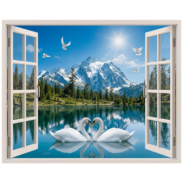Wall Stickers: Alpine Lake Window with Swans